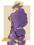  1ceberg absurd_res anthro big_butt butt clothing hair hand_on_hip hi_res humanoid jockstrap looking_at_viewer looking_back male muscular muscular_male nintendo pecs pok&eacute;mon pok&eacute;mon_(species) pose purple_body purple_skin smile solo spiky_hair standing toxtricity underwear video_games 