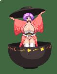  1girl :d alternate_breast_size bowl bowl_hat breasts check_commentary cleavage commentary_request curvy hat holding holding_clothes holding_hat huge_breasts japanese_clothes kimono looking_at_viewer lowres namako_daibakuhatsu open_mouth panties pixel_art purple_eyes purple_hair red_kimono short_hair smile solo standing sukuna_shinmyoumaru thick_thighs thighhighs thighs touhou underwear 