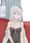  1girl absurdres ahoge animateworld arknights bare_arms bare_shoulders black_nightgown breasts chinese_commentary cleavage collarbone commentary_request couch hair_ornament highres indoors long_hair looking_at_viewer medium_breasts nightgown red_eyes signature silver_hair skadi_(arknights) skadi_the_corrupting_heart_(arknights) solo strap_slip upper_body very_long_hair 