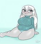  alexis_watterson anthro belly big_belly big_breasts big_butt blue_clothing blue_eyes blue_panties blue_underwear blush breasts butt camel_toe clothing eyewear female fur glasses grey_body grey_fur hair hi_res lagomorph leporid long_hair mammal mother mute panties parent psakorn_tnoi rabbit sitting slightly_chubby solo sweater thick_thighs topwear underwear white_body white_fur white_hair 