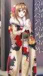  1girl :d bangs blush brown_eyes brown_hair day doukyuusei_another_world eyebrows_visible_through_hair fur-trimmed_kimono fur_trim game_cg hair_between_eyes hair_intakes holding japanese_clothes kakyuusei_2 kimono long_hair long_sleeves looking_at_viewer official_art open_mouth outdoors print_kimono saimon_tamaki shiny shiny_hair smile solo standing wide_sleeves yukata 