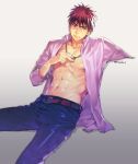  1boy abs belt belt_buckle blue_pants buckle closed_mouth collar collarbone denim expressionless eyebrows invisible_chair jeans kagami_taiga kuroko_no_basuke looking_at_viewer male_focus open_clothes open_shirt pants pectorals pink_shirt red_eyes red_hair shirt short_hair sitting solo toned toned_male torisu 
