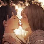  2girls aria_(vampeerz) black_hair brown_hair closed_eyes commentary_request forest french_kiss hands_on_another&#039;s_shoulders higashiyama_shou highres ichika_(vampeerz) kiss lips long_hair multiple_girls nature nose official_art short_hair tongue tongue_out twitter_username upper_teeth vampeerz yuri 