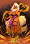  anthro big_breasts blonde_hair breasts canid canine cleavage clothed clothing elemental_manipulation female fire fire_manipulation hair hi_res high_heels mammal multi_tail orange_body panties purp_lemons solo underwear 