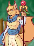  2021 alef anthro blue_eyes canid canine clothed clothing crackers cute_fangs fangs female fox gloves handwear inner_ear_fluff looking_at_viewer mammal scarf sega shining_(sega) shining_force smile solo staff tuft video_games 