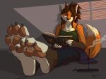  4_toes anthro barefoot brown_hair canid canine claws clothing dipstick_tail edit eyes_closed feet female foot_focus fox fur hair hi_res incense mammal multicolored_tail orange_body orange_fur pawpads paws reading sitting smile soles solo tattoo tatujapa toe_claws toes 