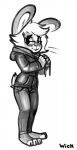  alexis_watterson anthro black_and_white blush bottomwear clothing denim denim_clothing eyewear female glasses hair hi_res hoodie jeans lagomorph leporid mammal monochrome mute no_shoes pants rabbit short_hair shy solo topwear white_hair wick_(artist) young 