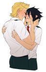  2boys amajiki_tamaki bangs belt black_belt black_hair black_pants blonde_hair blue_eyes boku_no_hero_academia closed_eyes collared_shirt commentary cowboy_shot cropped_legs grin hands_up highres hug looking_at_another male_focus multiple_boys necktie pants parted_lips red_neckwear riffraffhellyea school_uniform shirt short_hair short_pointy_ears short_sleeves simple_background smile togata_mirio u.a._school_uniform white_background yaoi 