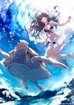  1girl air_bubble barefoot bikini blurry breasts brown_hair bubble cleavage depth_of_field floating_hair freediving front-tie_bikini front-tie_top green_eyes highres long_hair medium_breasts navel shiroi_suna_no_aquatope solo swimsuit u35 underwater 