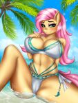  anthro anthrofied ashimaroo bikini breasts cleavage clothed clothing equid equine female fluttershy_(mlp) friendship_is_magic hair hasbro hi_res mammal my_little_pony pink_hair solo spread_legs spreading swimwear water wet wet_body 
