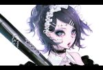  +_+ 1girl :o absurdres baseball_bat black_choker black_hair blue_eyes choker detached_collar ear_piercing earrings facial_tattoo frilled_choker frills hair_behind_ear hairband highres jewelry lolita_hairband mole mole_under_eye original piercing rakugaki_suruhito solo tattoo tied_hair upper_body white_background 