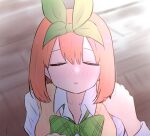  1girl bangs blurry blurry_background blush bow breasts closed_eyes collarbone collared_shirt commentary depth_of_field english_commentary eyebrows_behind_hair facing_viewer go-toubun_no_hanayome green_bow green_ribbon hair_between_eyes hand_on_another&#039;s_shoulder kujou_karasuma long_sleeves medium_breasts nakano_yotsuba nose_blush orange_hair out_of_frame parted_lips ribbon shirt signature solo_focus sweater_vest waiting_for_kiss white_shirt wooden_floor 