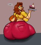  anthro big_breasts big_butt breasts brown_hair butt cake candle canid canine dessert dialogue eyewear female food glasses green_eyes hair hi_res huge_butt jovi_cap looking_at_viewer looking_back mammal mature_female rear_view sitting solo superia thick_thighs 