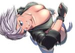  1girl angel_(kof) bangs blue_eyes bra breasts chaps cleavage clenched_teeth collarbone cropped_jacket fingerless_gloves gloves grin hair_between_eyes hair_over_one_eye highres jacket keke_(akuringo731) large_breasts leather leather_jacket mexican short_hair smile snk solo strapless strapless_bra teeth the_king_of_fighters the_king_of_fighters_2001 the_king_of_fighters_xiv underwear white_hair wrestling 