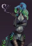 2020 5_fingers anthro arm_under_breast aurora_(kamikazekit) black_clothing black_lingerie black_sclera blue_eyes blue_hair blue_markings breasts cigarette cigarette_holder cigarette_smoke clothing digital_media_(artwork) eyebrows female fingers fish genitals green_body green_eyes green_hair green_markings green_pussy green_skin hair heart_shape hi_res holding_cigarette holding_object kristiana_puff legwear lingerie long_hair marine markings multicolored_hair multicolored_markings navel non-mammal_breasts pussy shark simple_background solo standing thigh_highs 