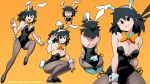  1girl animal_ears arm_up black_eyes black_footwear black_hair black_leotard bow bowtie breasts bunny_ears bunny_tail cleavage detached_collar fake_animal_ears fake_tail highres large_breasts leotard long_hair looking_at_viewer lucia_(scott_malin) multiple_views open_mouth orange_background orange_bow orange_neckwear original pantyhose parted_lips playboy_bunny scott_malin shoes simple_background smile strapless strapless_leotard tail v wrist_cuffs 