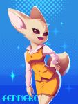  2020 5_fingers absurd_res aggressive_retsuko anthro black_eyes black_nose blue_background bottomwear breasts canid canine clothed clothing english_text eyelashes female fennec fenneko fingers fox fur hand_on_hip hi_res long_sleeves looking_at_viewer mammal medium_breasts nifaumo open_mouth open_smile portrait sanrio simple_background smile solo sparkles standing tan_body tan_fur text tongue topwear 