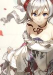  1girl asymmetrical_bangs bangs blood bloody_clothes blue_eyes choker debuff999 dress flower hair_bun hair_flower hair_ornament heart highres holding holding_clothes looking_at_viewer petals red_flower red_rose rose rose_petals serious sidelocks simple_background sinoalice snow_white_(sinoalice) solo white_background white_dress 