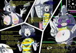  aaron_(undertale) absurd_res anthro breasts canid canine clothed clothing felid feline female fur genitals hair hi_res male mammal open_mouth silverplatin simple_background tem temmie_(undertale) text undertale video_games white_body white_fur 