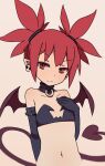  1girl bat_wings choker closed_mouth coupon_(4chan) demon_girl demon_tail demon_wings disgaea earrings elbow_gloves etna flat_chest gloves jewelry looking_at_viewer makai_senki_disgaea navel pointy_ears red_eyes red_hair short_hair simple_background skull_earrings smile solo tail twintails wings 