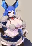  anthro big_breasts blue_hair blush bottomwear breasts cleavage clothed clothing hair hand_on_hip hi_res mammal melee_weapon skirt sword tetto weapon white_body 