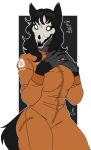  anthro black_body black_fur black_hair black_sclera breasts canid canine clothing english_text female fur grey_body grey_fur hair hi_res jumpsuit kanekuo long_hair mammal scp-1471 scp-1471-a scp_foundation simple_background skull_head solo text undead white_eyes 