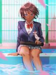  1girl arm_support blazer blue_eyes bow bowtie brown_hair button_gap cherry_blossoms commentary dark_skin diploma fence graduation grey_skirt irota jacket original outdoors petals pleated_skirt poolside red_neckwear school_uniform short_hair sitting skirt soaking_feet solo tan tomboy tsurime tube 