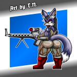  1:1 anthro anubian_jackal biceps big_breasts big_butt black_body black_fur bns_arts boots bracelet breasts butt camo camo_clothing camo_print canid canine canis clothing countershade_face countershading ear_piercing fan_character fangs female footwear fur gun inner_ear_fluff jackal jewelry mammal muscular muscular_anthro muscular_female nargiza_the_jackal pattern_clothing piercing ranged_weapon red_boots red_clothing red_footwear sharp_teeth solo sonic_the_hedgehog_(series) t.n. teeth thick_thighs tuft weapon white_body white_fur yellow_eyes 