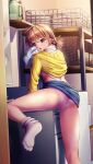  1girl bangs blue_skirt blush bra braid brown_eyes brown_hair cameltoe clothed_masturbation clothes_lift denim denim_skirt doukyuusei_2 doukyuusei_another_world eyebrows_visible_through_hair game_cg hair_between_eyes hair_ribbon indoors leg_lift low_twintails masturbation masturbation_through_clothing miniskirt nagashima_kumiko official_art panties pink_bra pink_panties red_ribbon ribbon shiny shiny_hair short_hair skirt skirt_lift socks solo sweater sweater_lift twintails underwear white_legwear yellow_sweater 