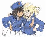  2girls andou_(girls_und_panzer) arm_around_neck artist_name bangs bc_freedom_(emblem) bc_freedom_military_uniform black_hair blonde_hair blue_eyes blue_headwear blue_jacket blue_vest brown_eyes closed_mouth commentary_request dark_skin dress_shirt emblem girls_und_panzer grin hand_on_hip hat high_collar jacket kepi long_sleeves looking_at_another medium_hair messy_hair military military_hat military_uniform multiple_girls niwa oshida_(girls_und_panzer) pleated_skirt shirt side-by-side signature simple_background skirt smile uniform vest white_background white_shirt white_skirt 