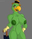  anatid anseriform anthro avian beak big_breasts bird breasts clothing crossgender digital_media_(artwork) disney eyelashes eyeshadow feathers female genitals gloves gloves_only green_body green_feathers handwear handwear_only hat headgear headwear hi_res jos&eacute;_carioca klr-rio looking_at_viewer makeup mostly_nude nipples non-mammal_breasts nude open_mouth parrot pussy simple_background smile solo the_three_caballeros tongue umbrella 