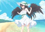  1girl alternate_costume bangs beach bird_wings black_hair black_wings blue_sky blush bow breasts brown_eyes cleavage cloud commentary_request day dress feathered_wings feet_out_of_frame forest green_bow green_sash hat hat_bow highres long_hair looking_at_viewer nature o1118 ocean open_mouth outdoors reiuji_utsuho sand sash shiny shiny_hair sky solo sun_hat sundress touhou water white_dress white_headwear wings 
