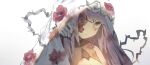 1girl bangs black_nails breasts cleavage cleavage_cutout cloak clothing_cutout ememo expressionless flower_over_eye hololive hololive_english mori_calliope one_eye_covered pink_hair plant red_eyes thorns upper_body vines virtual_youtuber white_background 