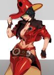  1girl bangs belt black_hair choker fingerless_gloves gloves green_eyes guilty_gear guilty_gear_strive hat i-no jacket midriff mole mole_above_mouth na_insoo red_headwear red_jacket red_legwear red_lips shiny shiny_clothes shiny_legwear short_hair sunglasses thighhighs venus_symbol very_short_hair witch_hat 