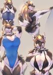  anthro big_breasts bikini blonde_hair breasts canid canine cleavage clothed clothing female fur hair hi_res mammal multicolored_body multicolored_fur one-piece_swimsuit side-tie_bikini simple_background solo swimwear tetto topless two_tone_body two_tone_fur white_body white_fur 