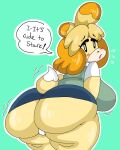  animal_crossing anthro big_breasts big_butt blush bottomwear breasts butt canid canine canis clothed clothing dialogue domestic_dog dork_boi female green_background hi_res huge_butt isabelle_(animal_crossing) mammal miniskirt nintendo panties simple_background skirt solo thick_thighs underwear video_games 