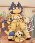  absurd_res animal_crossing ankh ankha_(animal_crossing) anthro anus blue_eyes blue_hair butt butt_grab canid canine canis detailed_background dialogue digital_media_(artwork) domestic_cat domestic_dog duo egyptian felid feline felis female female/female female_domination fur genitals hair hand_on_butt hand_on_leg hi_res inside isabelle_(animal_crossing) joooji legs_over_head mammal narrowed_eyes nintendo open_mouth pussy shih_tzu text tongue tongue_out toy_dog upside_down video_games yellow_body yellow_fur 