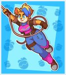  2021 activision anthro bandicoot belt big_breasts blonde_hair blue_background blue_eyes bottomwear breasts clothed clothing crash_bandicoot_(series) ear_piercing ear_ring female fingerless_gloves fur gloves hair handwear hi_res lipstick makeup mammal marsupial multicolored_hair orange_body orange_fur piercing pirate_tawna simple_background smile solo tawna_bandicoot thick_thighs thisnameistaken topwear torn_clothing video_games wide_hips 