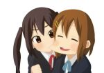  2girls arm_up bangs biting black_jacket blazer blue_neckwear blue_ribbon blush brown_eyes brown_hair cheek_biting clenched_hand closed_eyes commentary_request dress_shirt hair_between_eyes hair_ornament hairclip hand_up head_tilt hirasawa_yui jacket k-on! long_hair long_sleeves multiple_girls nakano_azusa neck_ribbon open_mouth red_neckwear red_ribbon ribbon school_uniform shirt short_hair simple_background smile teeth toshipon twintails white_background white_shirt yuri 