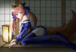  1girl animal_ear_fluff animal_ears blue_kimono blue_legwear blue_ribbon blush breasts cleavage eyebrows_visible_through_hair fate/extella fate/extra fate/extra_ccc fate/grand_order fate_(series) fox_ears fox_girl fox_tail hair_ribbon japanese_clothes kimono large_breasts looking_at_viewer looking_to_the_side open_mouth pink_hair ribbon solo tail tamamo_(fate)_(all) tamamo_no_mae_(fate) yellow_eyes yue_(kitami_maki) 