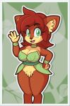  2021 4_fingers activision anthro big_breasts breasts brown_body brown_fur cervid cleavage clothed clothing elora faun_(spyro) female fingers fur gesture green_eyes hair hand_on_hip hi_res leaf_clothing looking_at_viewer mammal open_clothing open_mouth red_hair short_stack smile solo spyro_reignited_trilogy spyro_the_dragon standing thick_thighs thisnameistaken video_games waving wide_hips 