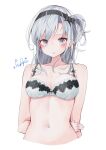  1girl absurdres bangs blush bra breasts cropped_torso eyebrows_visible_through_hair haggy hairband highres kantai_collection long_hair medium_breasts one_side_up silver_eyes silver_hair simple_background solo suzutsuki_(kancolle) twitter_username underwear upper_body white_background white_bra 