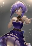  1girl :d bare_shoulders black_hairband blush breasts commentary_request dark-skinned_female dark_skin dress fate/grand_order fate_(series) hairband hassan_of_serenity_(fate) long_dress medium_breasts mizumok1 open_mouth outstretched_hand purple_dress purple_eyes purple_hair short_hair smile solo 