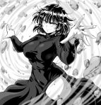  1girl black_dress black_hair bocodamondo breasts dress english_commentary fingernails fubuki_(one-punch_man) highres large_breasts long_fingernails looking_at_viewer monochrome one-punch_man rock short_hair smile solo telekinesis thighhighs 