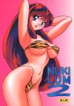  1girl arms_behind_head arms_up bangs bikini blue_eyes breasts cover cover_page covered_nipples cowboy_shot doujin_cover eyebrows_visible_through_hair eyeshadow fang gradient gradient_background horns large_breasts long_hair lum makeup navel okamoto_fujio oni oni_horns open_mouth photoshop_(medium) pink_background pink_theme red_hair solo strapless strapless_bikini swimsuit tiger_stripes urusei_yatsura 