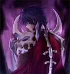  1boy 823/natalia armor aura bangs cape closed_mouth commentary_request gauntlets highres looking_at_viewer looking_back male_focus medium_hair purple_eyes purple_hair ragnarok_online red_cape signature solo thanatos_(ragnarok_online) upper_body 