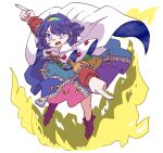  1girl black_footwear blue_eyes blue_hair buttons cape eyebrows_visible_through_hair fire lana151 multicolored multicolored_clothes multicolored_hairband open_mouth pointing rainbow_order short_hair tenkyuu_chimata touhou white_background white_cape zipper 