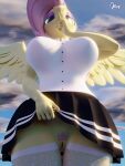  3d_(artwork) anthro anthrofied big_breasts bottomwear breasts clothed clothing clothing_lift digital_media_(artwork) equid equine female fluttershy_(mlp) friendship_is_magic genitals hair hasbro hi_res mammal my_little_pony no_underwear pegasus pink_hair pubes pussy quicktimepony skirt skirt_lift wings yellow_body 