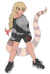  1girl alternate_costume alternate_hairstyle arms_at_sides bangs bare_legs bare_shoulders bike_shorts blonde_hair bra_strap braid closed_eyes closed_mouth dark-skinned_female dark_skin full_body half-closed_eye highres igarashi_(nogiheta) kemono_friends king_cobra_(kemono_friends) legs_apart long_hair long_sleeves multicolored_hair print_sweater red_hair shoes simple_background single_braid sleeves_past_wrists snake_tail solo standing sweater tail tsurime two-tone_hair very_long_hair white_background yellow_eyes 