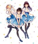  3girls ;q absurdres bangs blonde_hair blue_eyes blue_footwear breasts brown_hair cleavage collarbone dress fingernails frills full_body hair_ornament hands_together highres kasumigaoka_utaha katou_megumi leg_up long_hair looking_at_viewer maid maid_headdress medium_breasts misaki_kurehito multiple_girls official_art one_eye_closed pantyhose parted_lips puffy_short_sleeves puffy_sleeves red_eyes saenai_heroine_no_sodatekata sawamura_spencer_eriri shoes short_dress short_sleeves simple_background skirt skirt_hold small_breasts smile striped tied_hair tongue tongue_out twintails vertical-striped_dress vertical_stripes white_background 